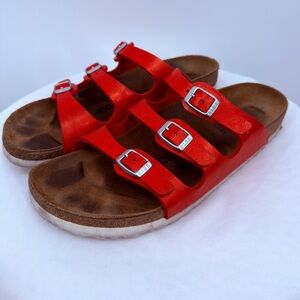 Birkenstock Florida Red Leather Sandals Size 40 Narrow Triple Strap Buckle